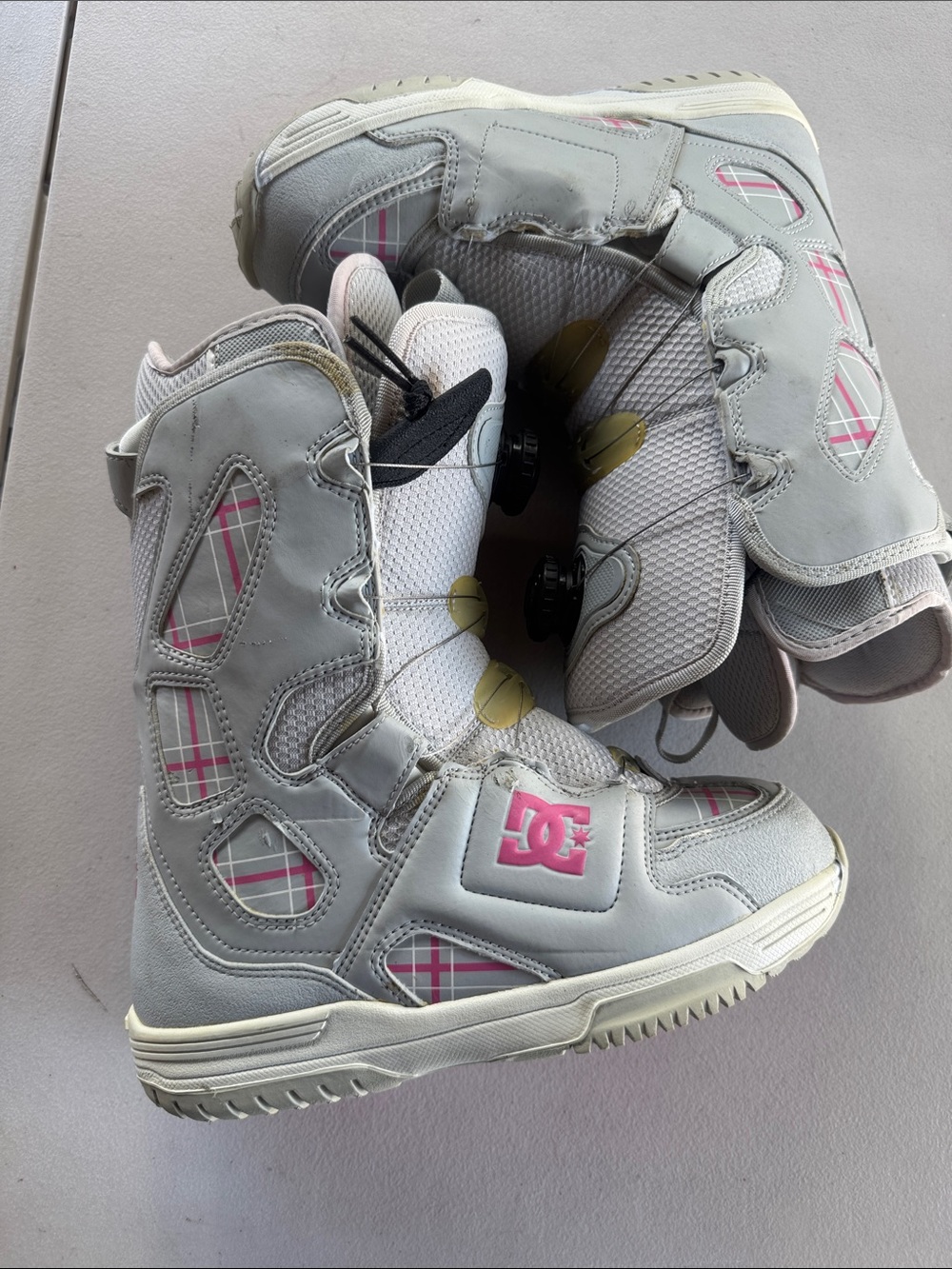 DC Gray Snowboard Boots with Pink Plaid Accents
